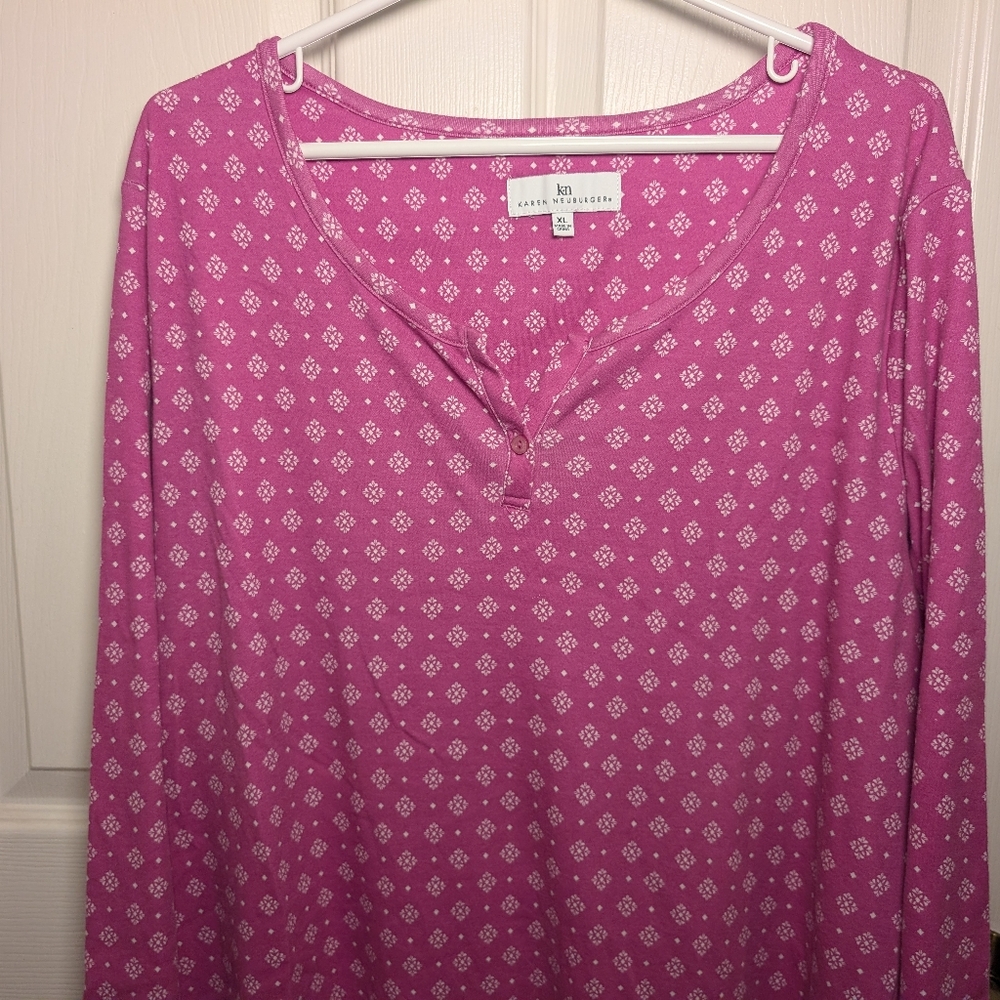 Karen Neuburger Nightgown Long Sleeve Knee Length Pink Geometric Pattern XL